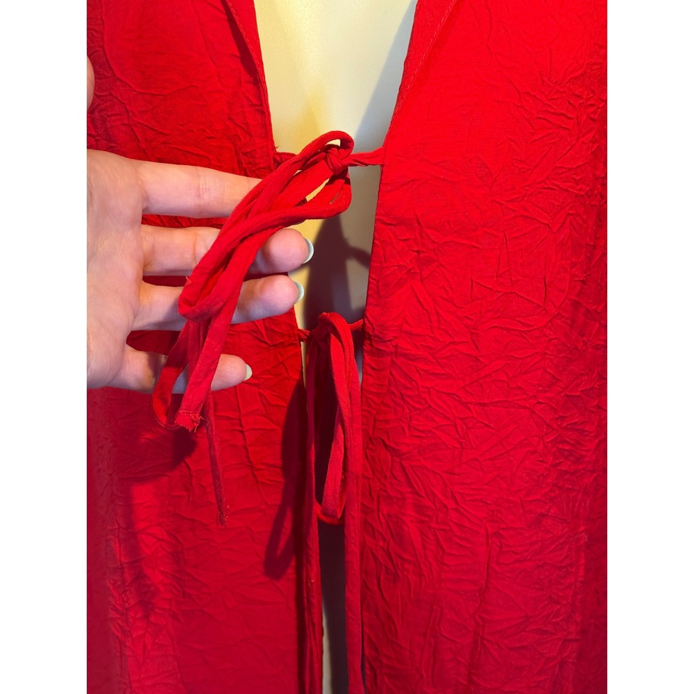 Topshop Red Crinkle Tie Front Blouse Long Sleeve V-Neck Top US 4 - Picture 4 of 8